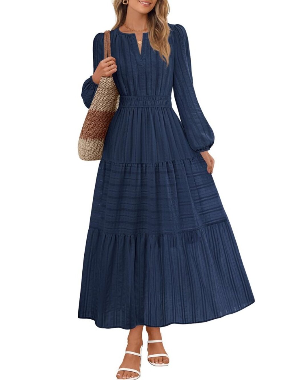 Womens Fall Puff Long Sleeve Casual V Neck Modest Midi Maxi Dress
